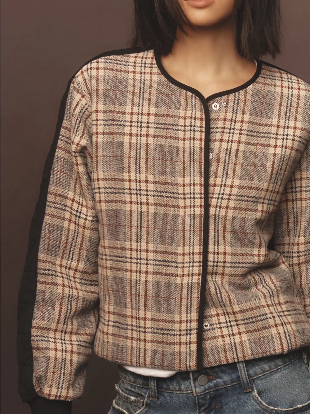 Dolan Plaid Quilted Jacket with Black Knit Sleeves - Tan/Black/Gray NWT